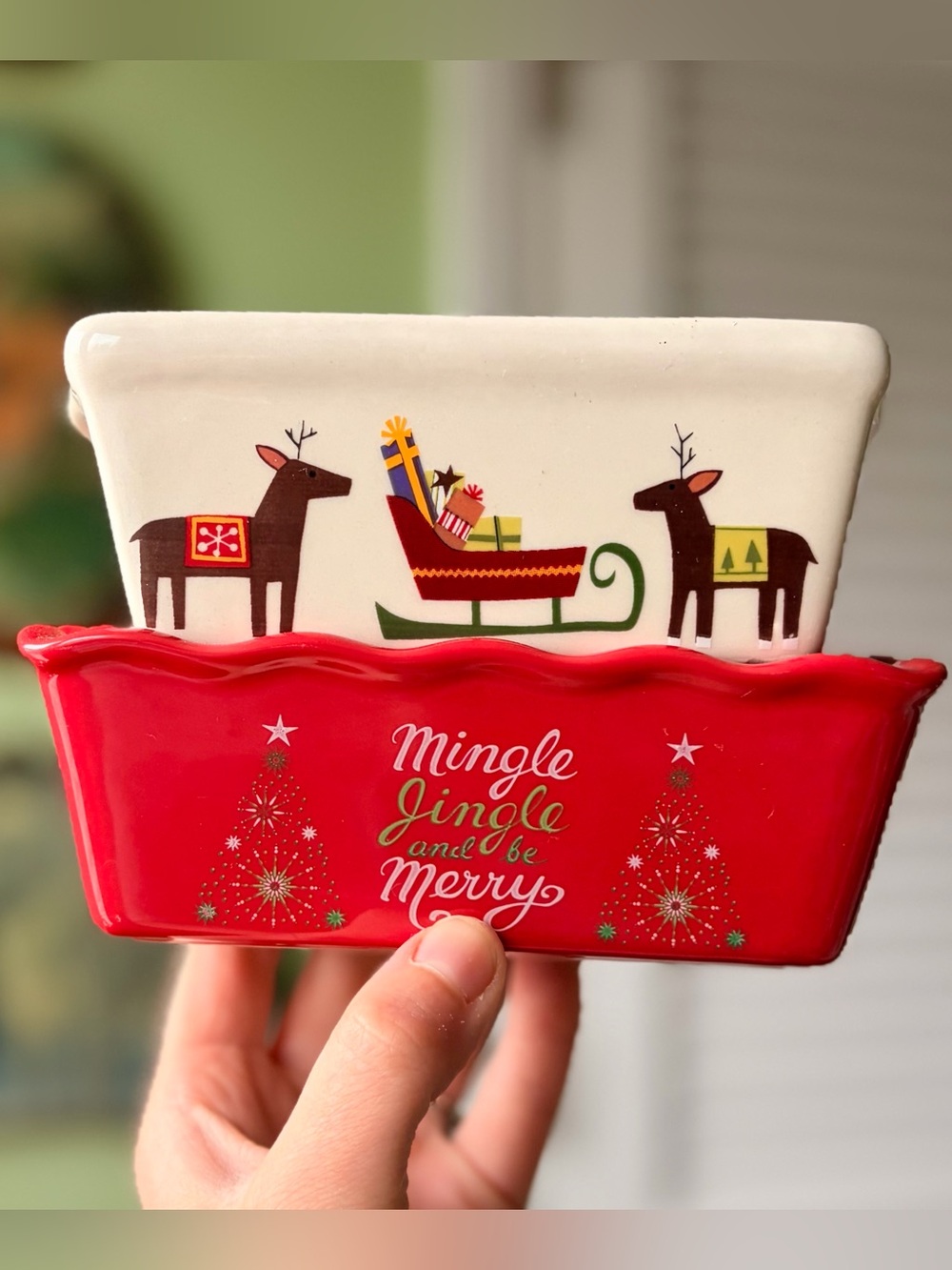 Holiday Ceramic Bakeware Mini Load Pan Set of 2 Christmas Reindeer Design